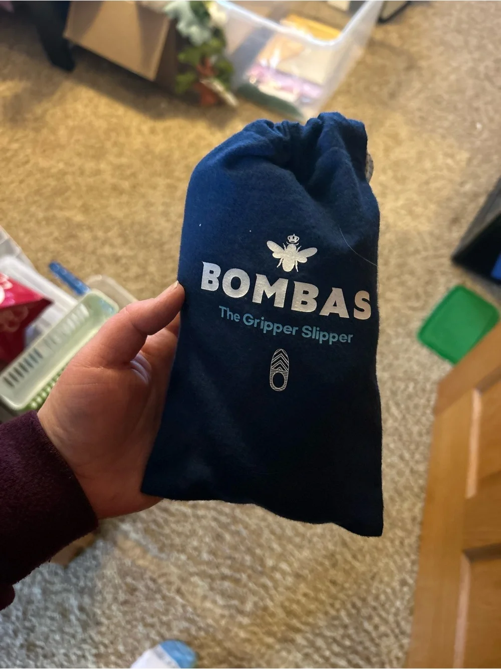 Bombas Navy Knit Gripper Slippers with Logo Pouch